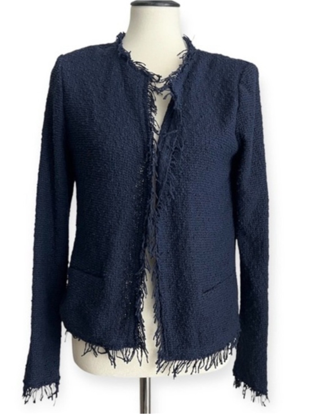 IRO Shavani Fringe Hem Tweed Boucle Jacket Navy Blue Lightweight Sz 40 / US 6